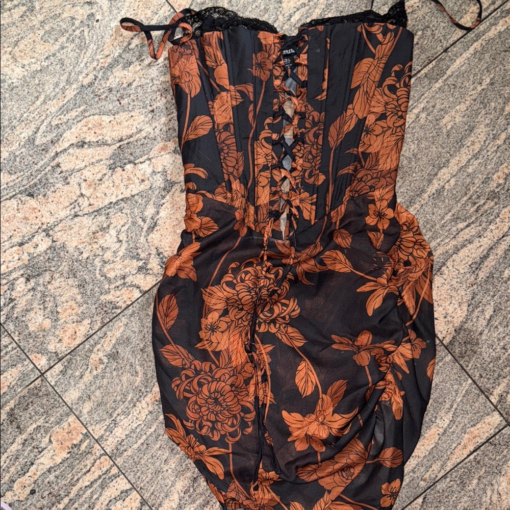 Dolls Kill Strapless Black and Orange Floral Dress